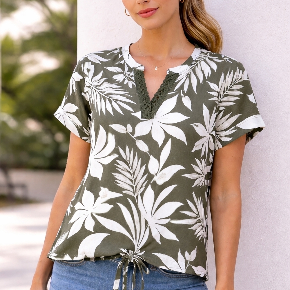 Lily Morgan Olive Green Tropical Floral Blouse Size M